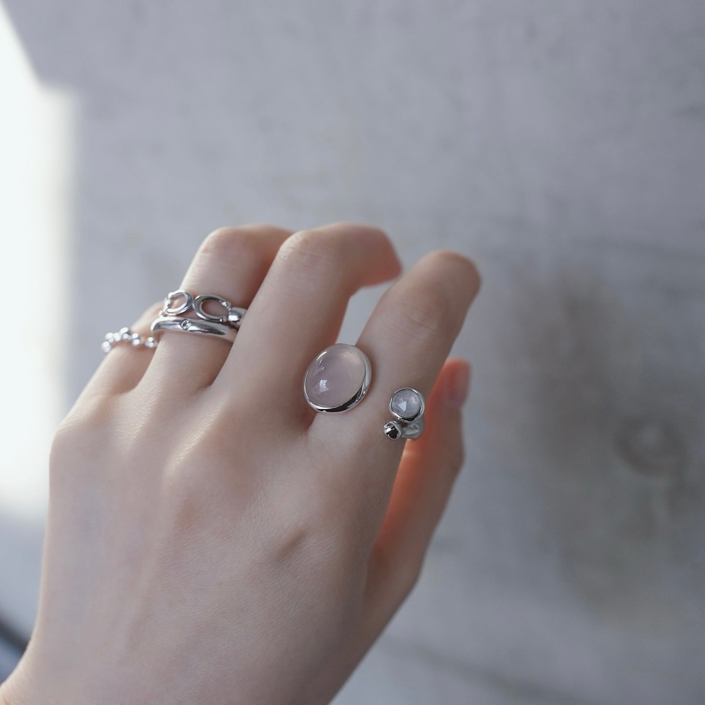 水滴stone ring./ Water droplets stone ring.【予約】ローズクォーツ ムーンスト―ン